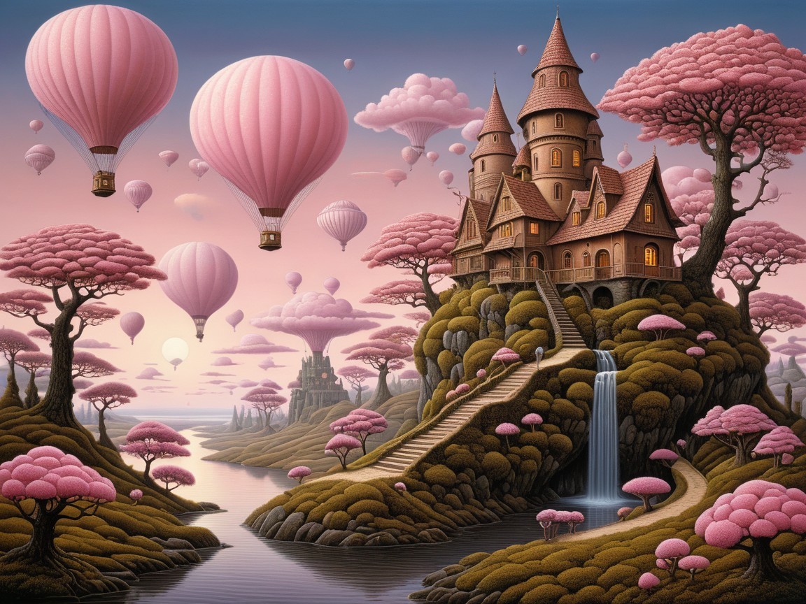 Whimsical Landscape with Castle and Hot Air Balloons