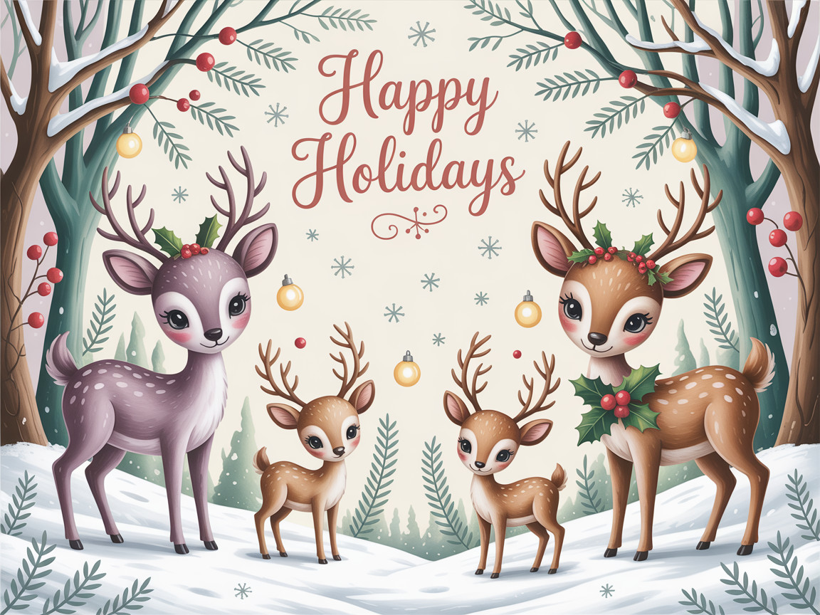 Holiday Illustration of Reindeer in Snowy Forest