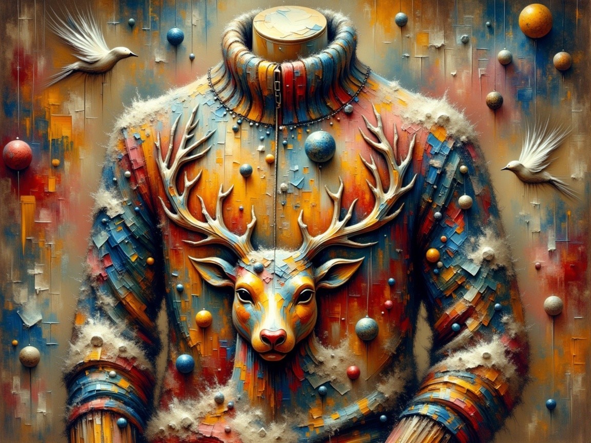 Vibrant Sweater with Deer Head and Abstract Patterns