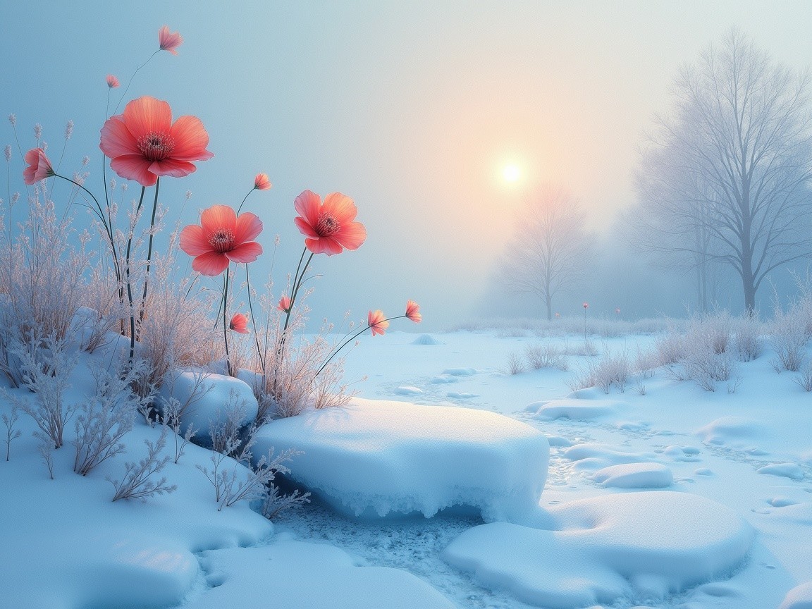 Winter Landscape with Pink Flowers and Snow