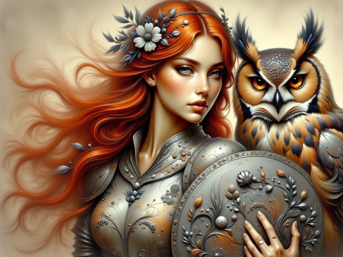 Woman in Armor with Red Hair and Owl Companion