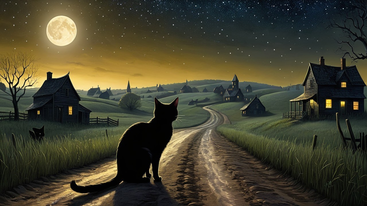 Silhouette of a Cat Under a Full Moon in Village