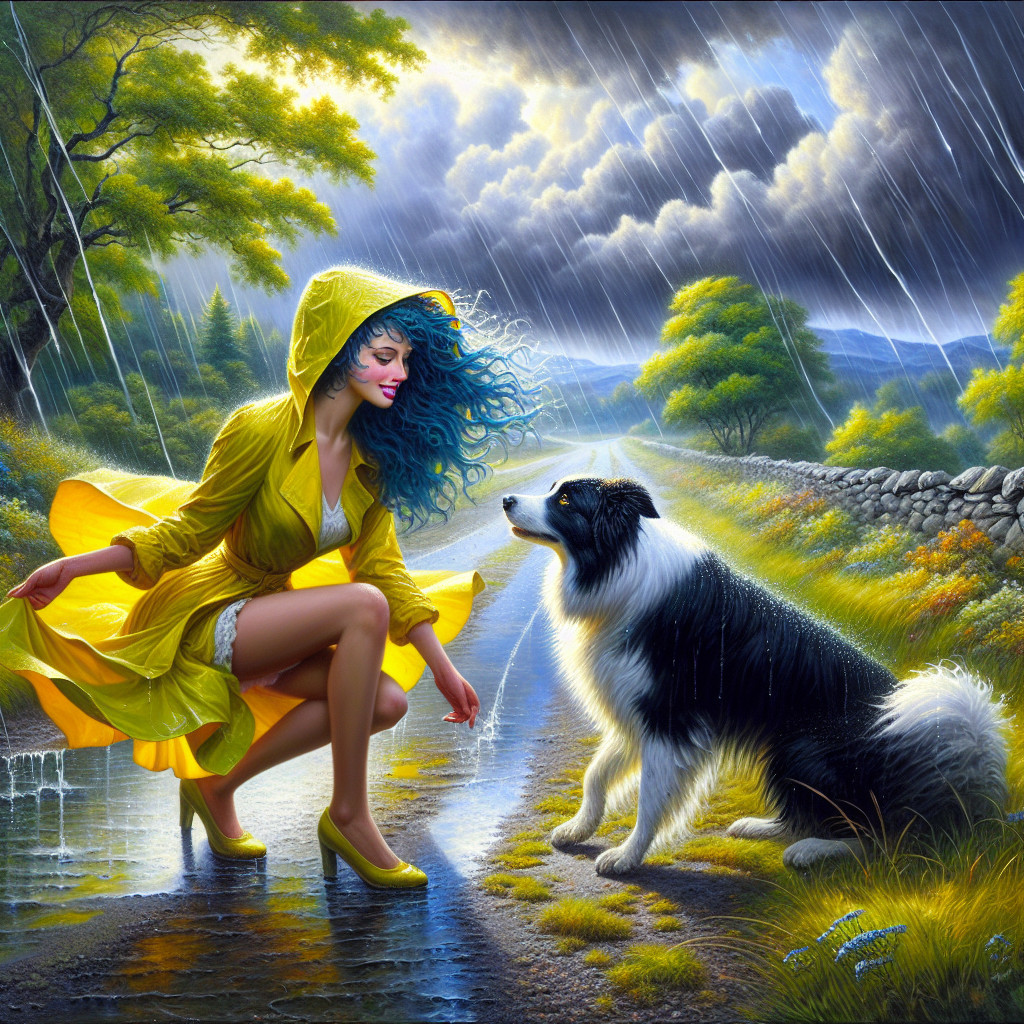 Woman in Yellow Raincoat with Dog in Rainy Landscape