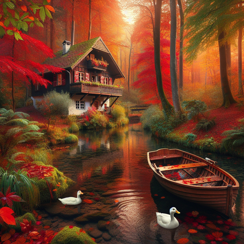 Charming Cottage Surrounded by Vibrant Autumn Trees