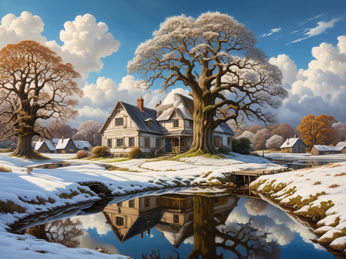 Winter Scene with House, Snow, and Reflective Pond