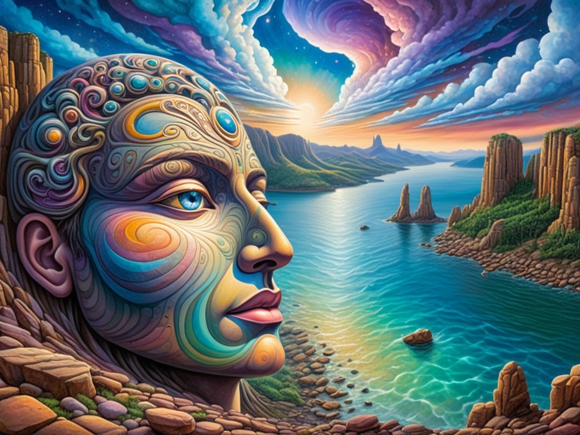 Psychedelic Digital Painting of a Majestic Stone Head