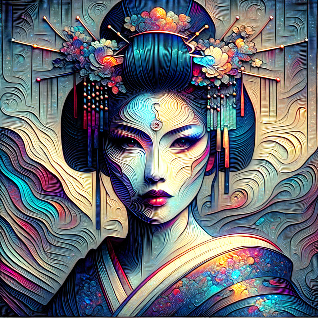 Ethereal Oil Painting of Japanese Woman with Colorful Hair