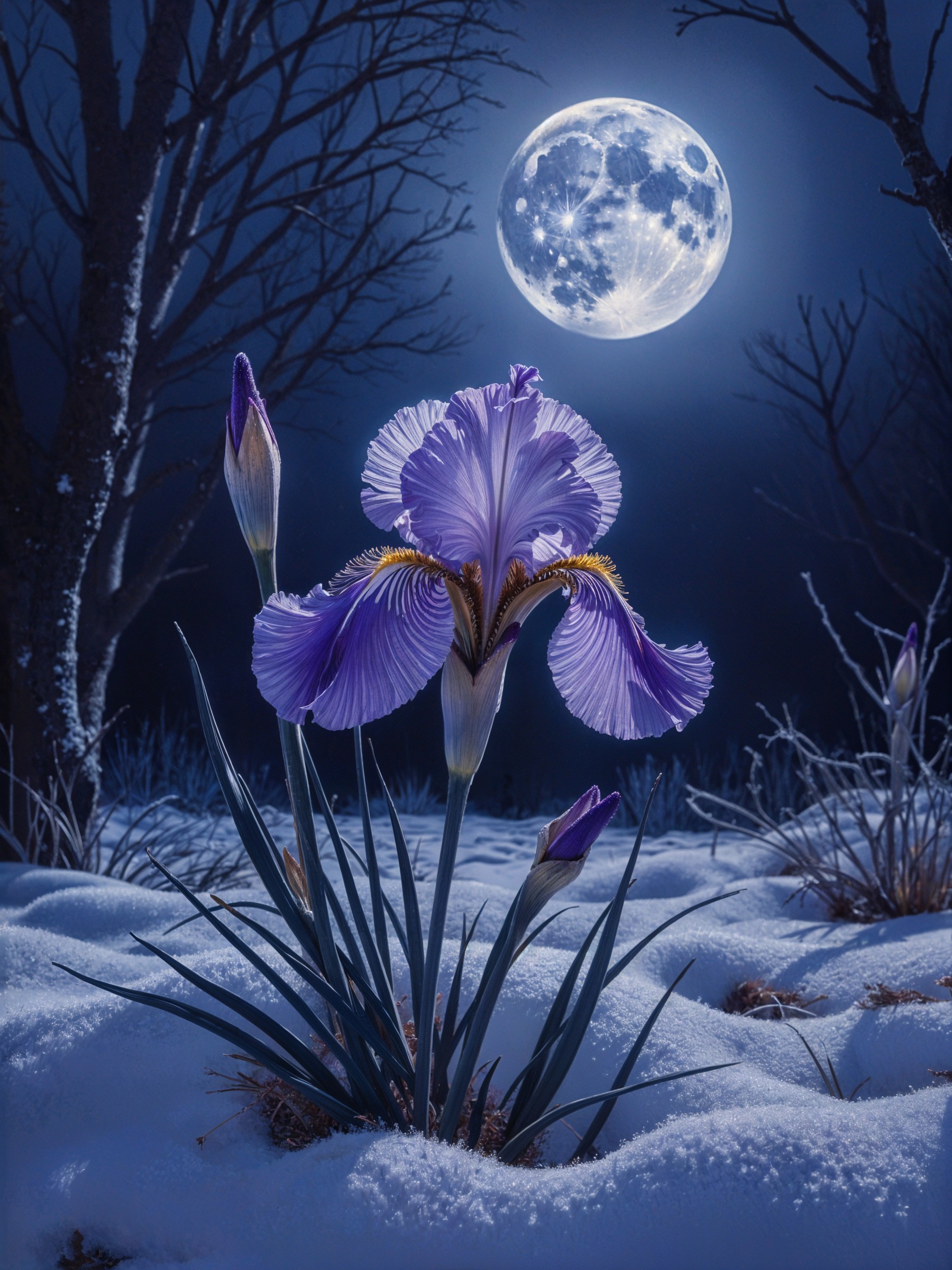 Purple Iris in Snowy Landscape Under Moonlight