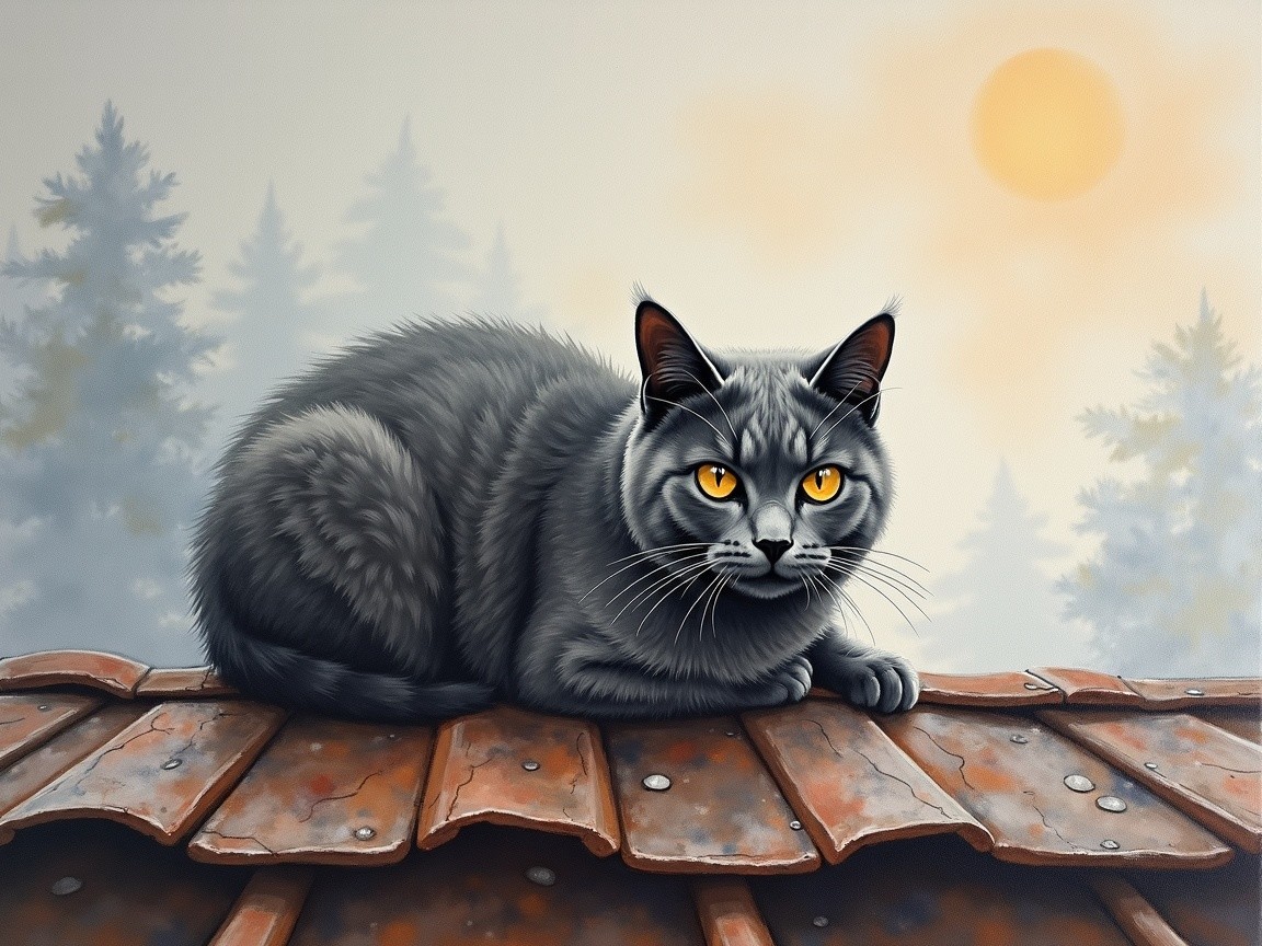 Gray Cat with Orange Eyes on Rustic Rooftop