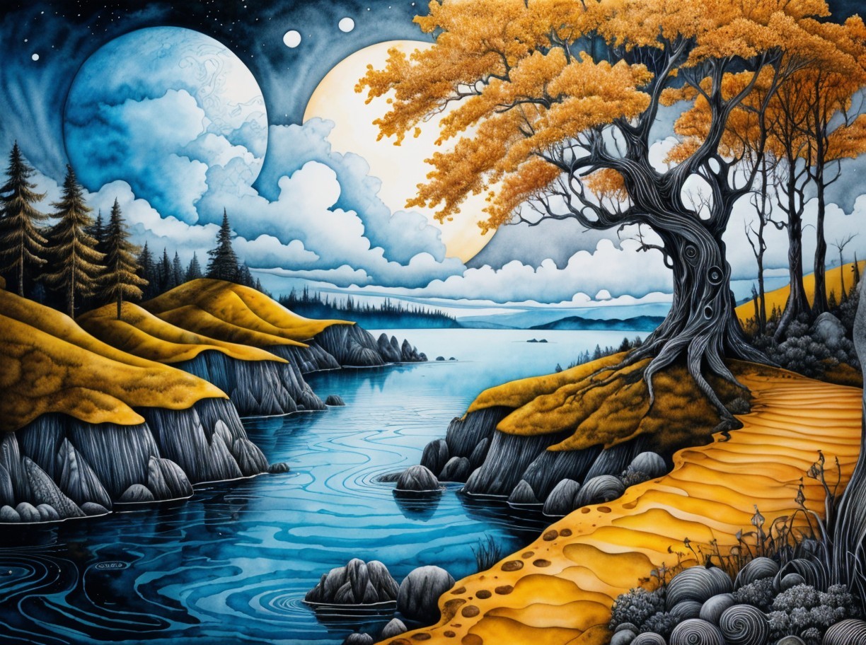 Serene landscape with winding path and tranquil river