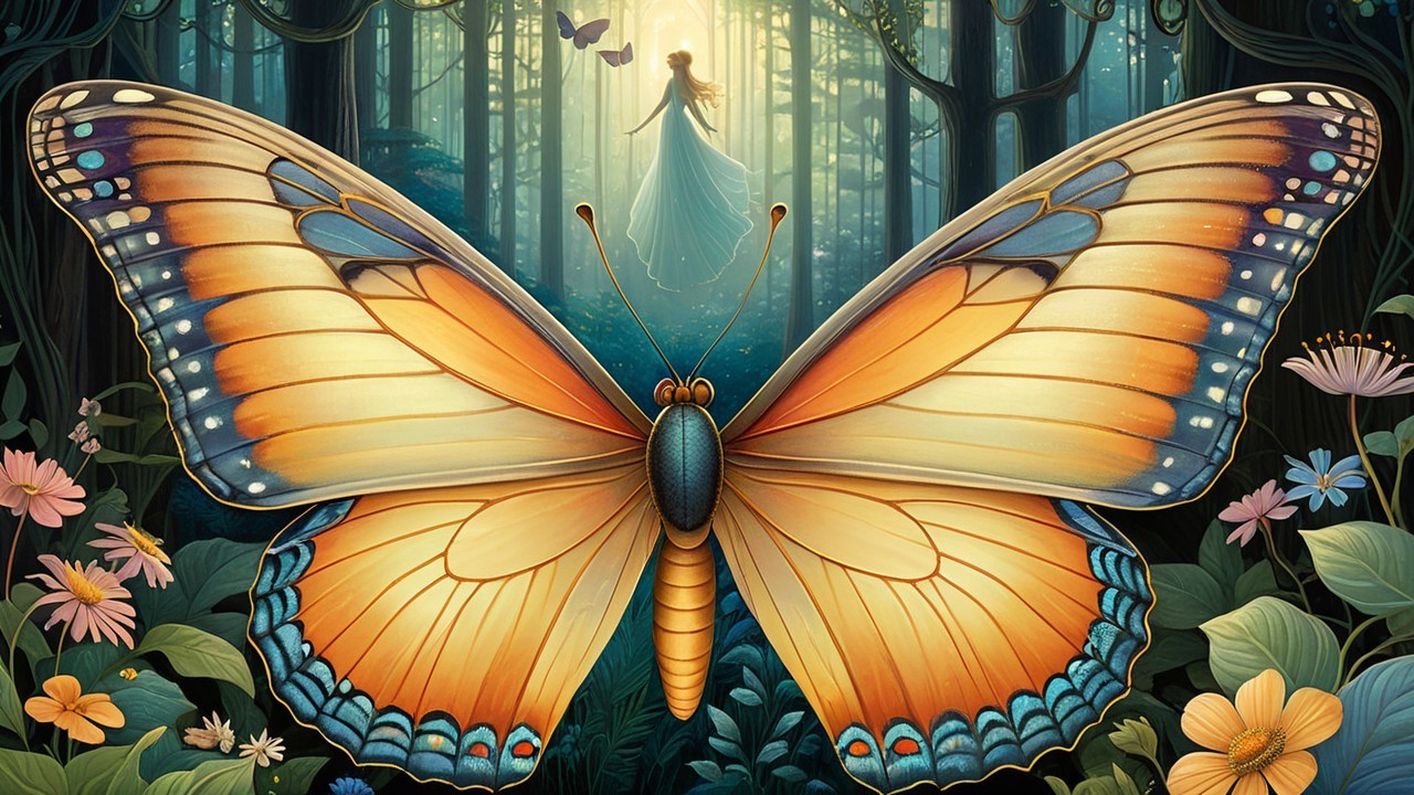 Intricate Butterfly with Forest Background and Figure