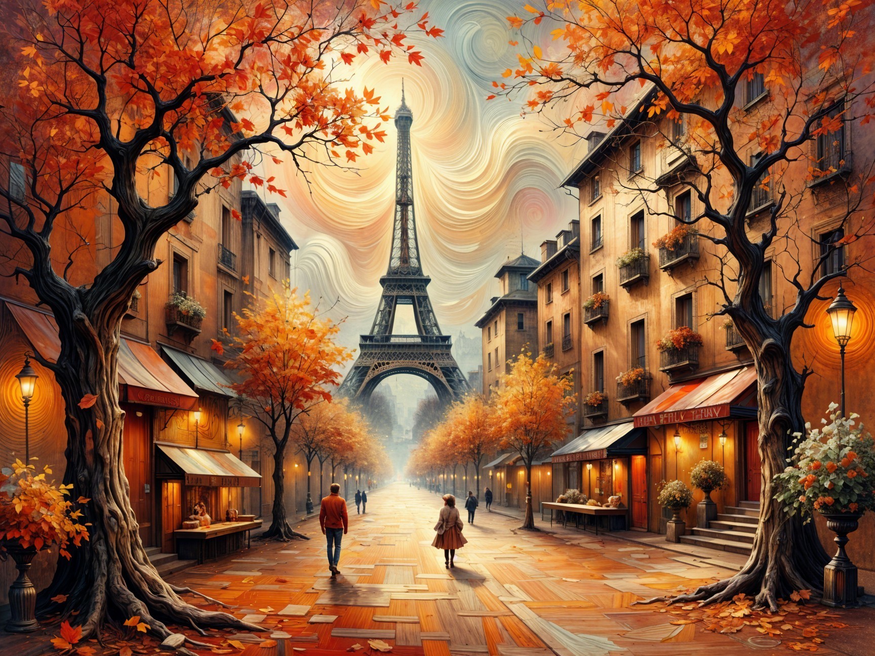 Autumn Street Scene in Paris with Eiffel Tower View