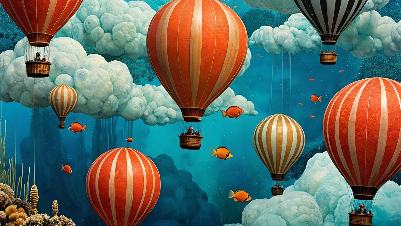 Whimsical Underwater Scene with Hot Air Balloons