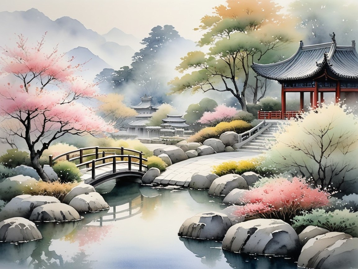 Traditional Chinese Garden with Cherry Blossoms and Pond