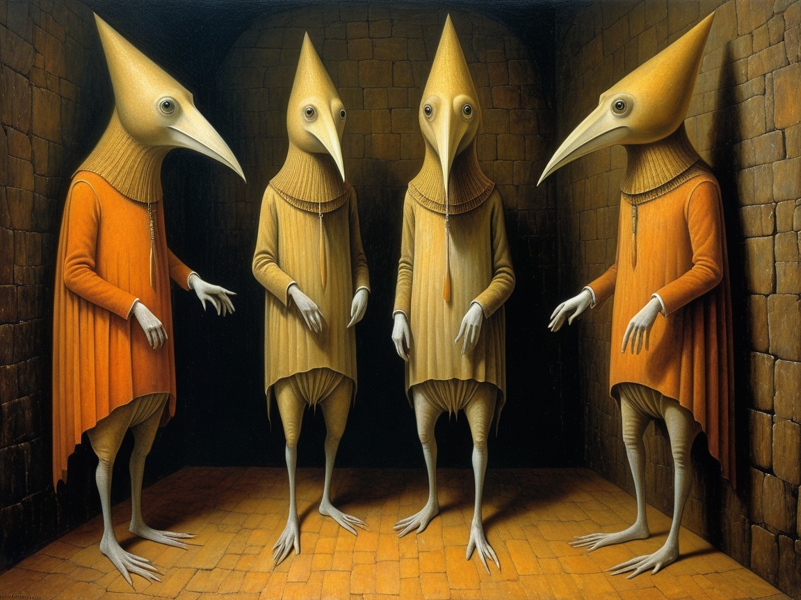 Anthropomorphic figures in a dimly lit chamber