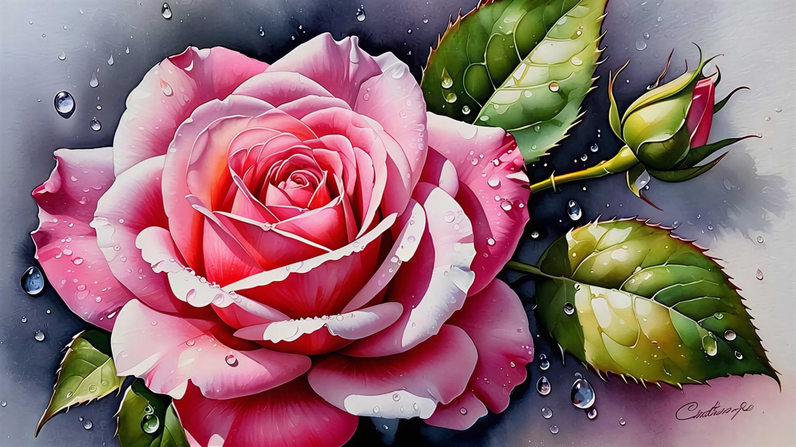 Hyperrealist Watercolor of Pink Rose with Green Bud