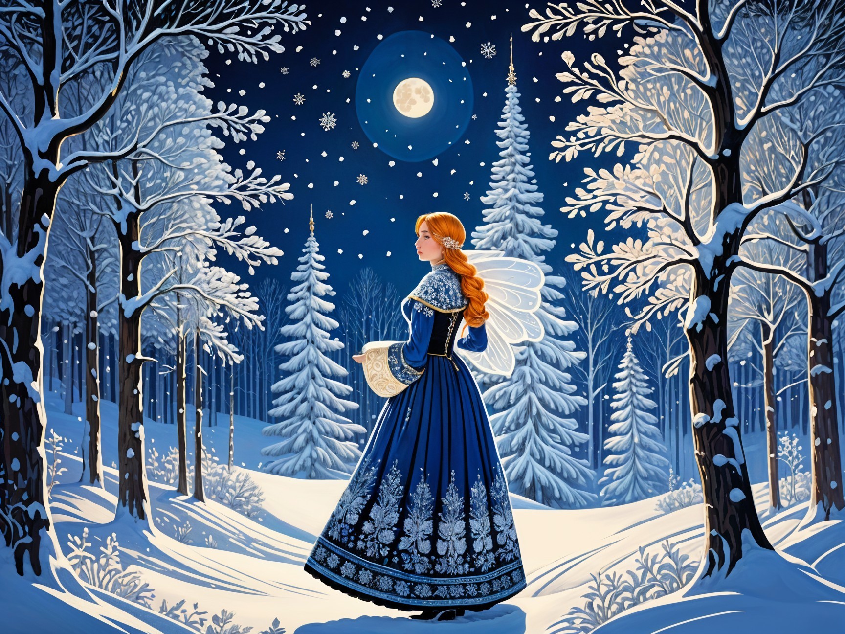 Fairy-Tale Winter Scene with Young Woman in Blue Gown