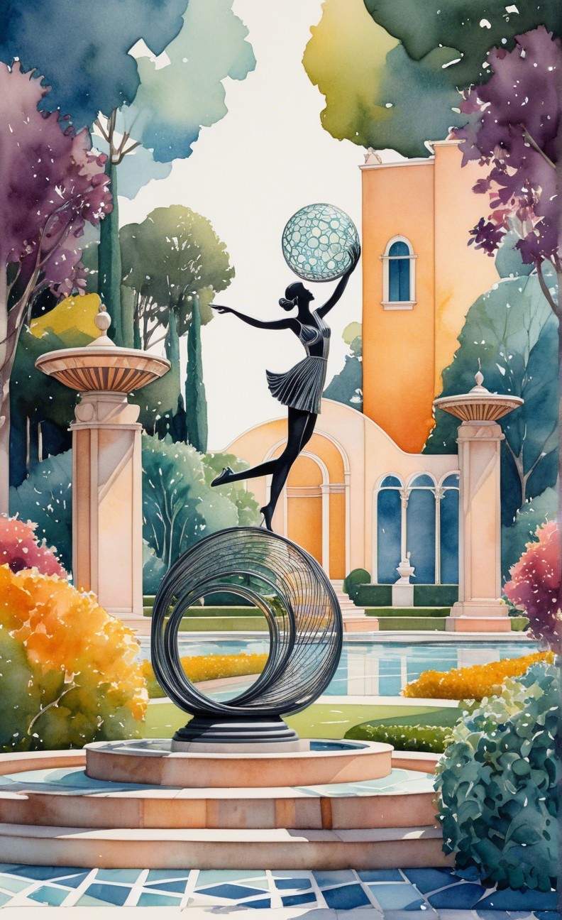 Serene garden scene with sculpture and vibrant flowers