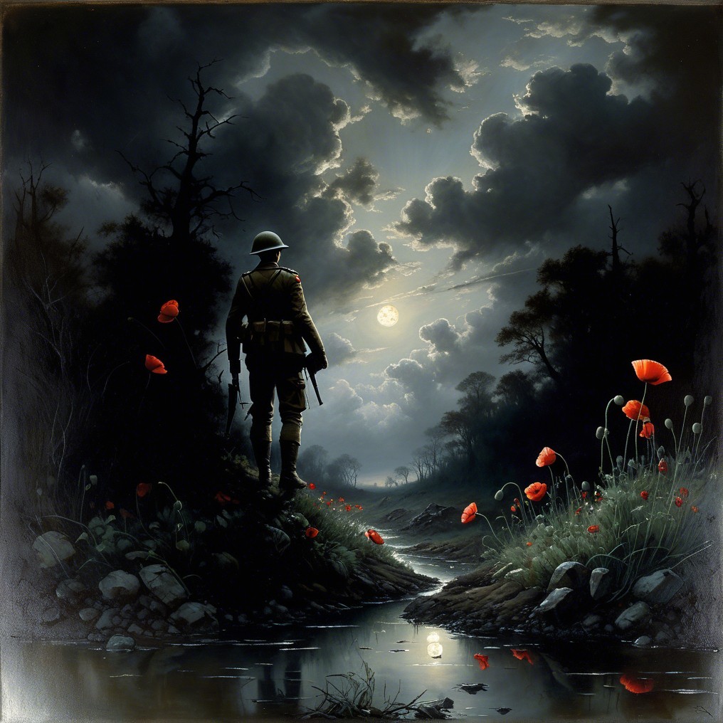 Solitary Soldier by Moonlit Stream with Poppies