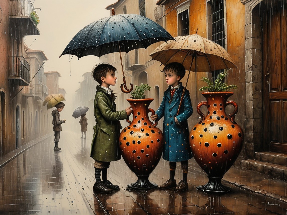 Boys in Vintage Coats on a Rainy Street Scene