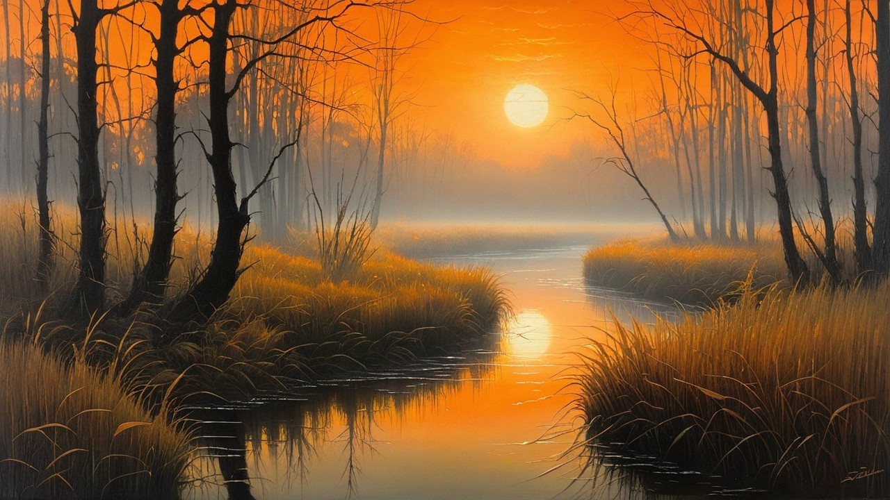 Serene Sunset Landscape with Calm River Reflection