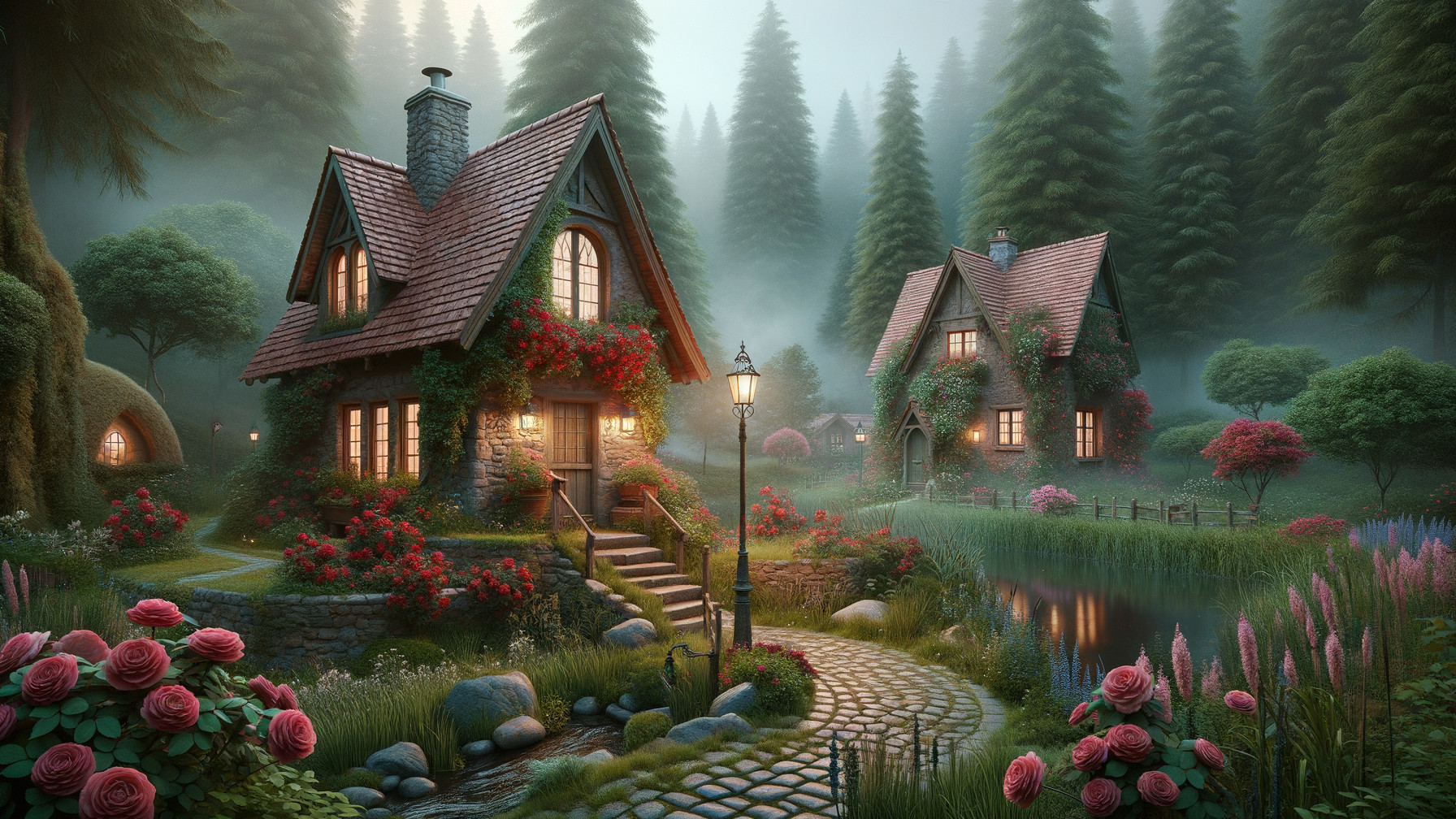 Serene Forest Cottages with Vibrant Flowers and Streams
