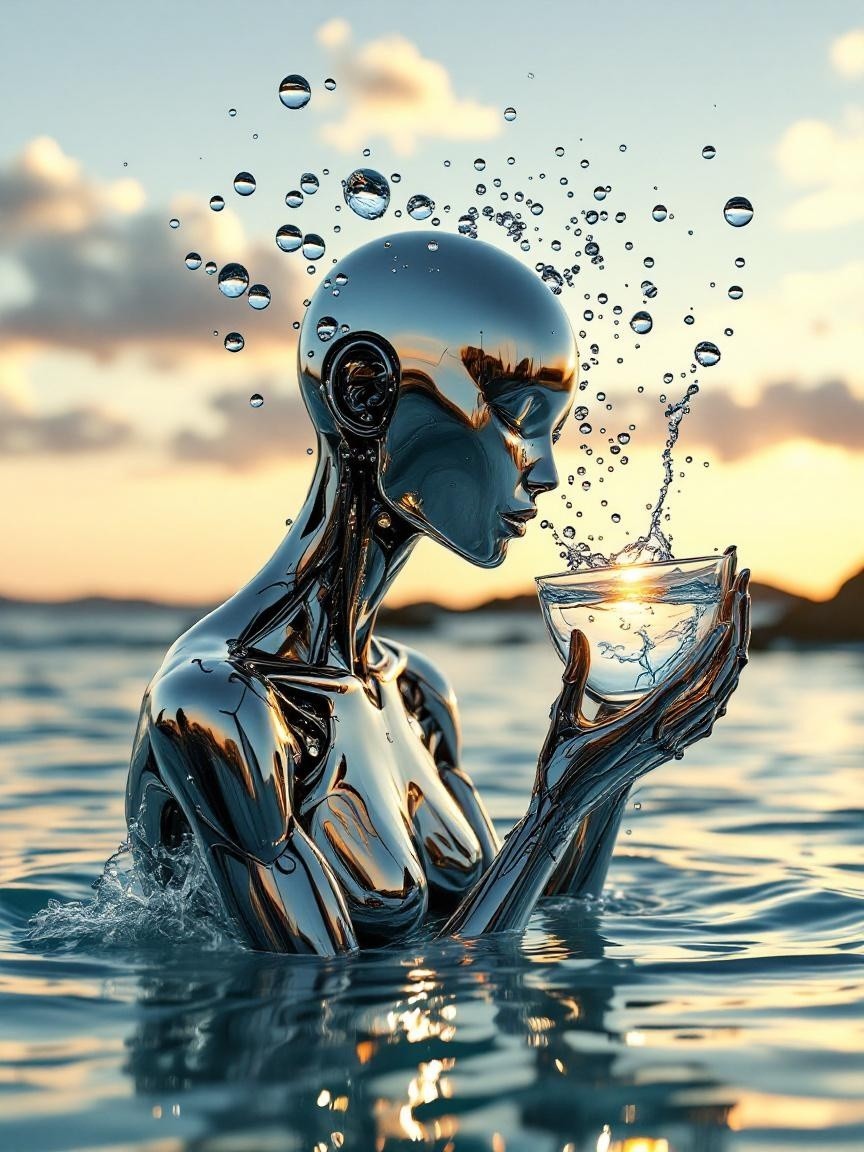 Metallic Humanoid Figure with Water Bowl at Sunset