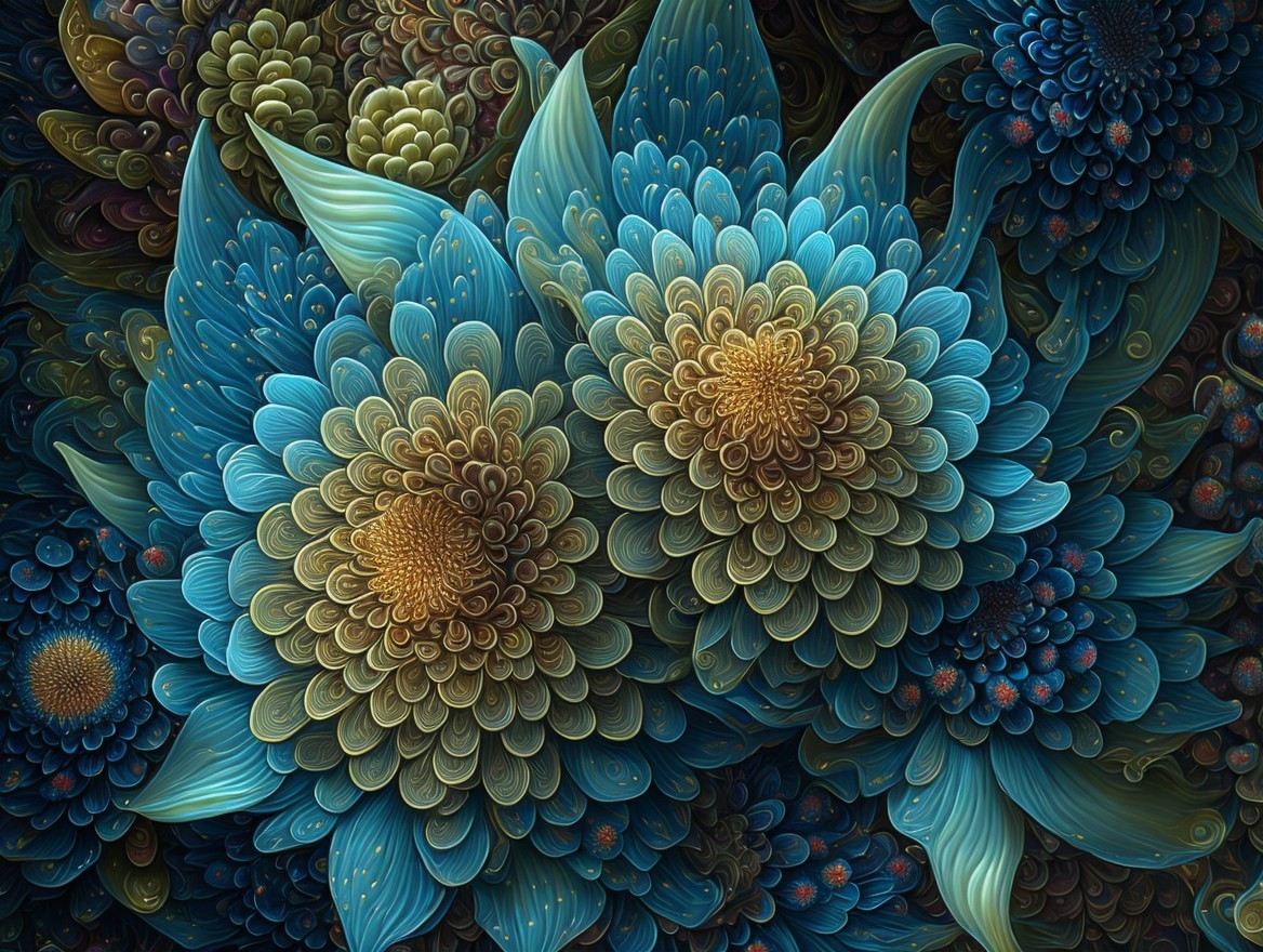 Vibrant Floral Design with Spiraled Petals and Foliage