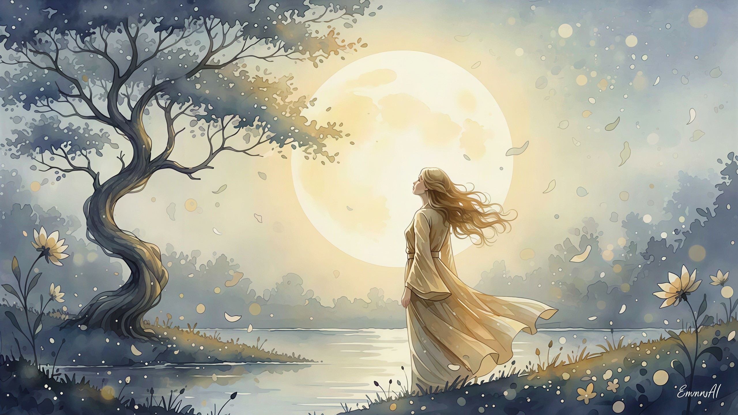 Dreamy Ethereal Landscape with Moon and Woman in Dress
