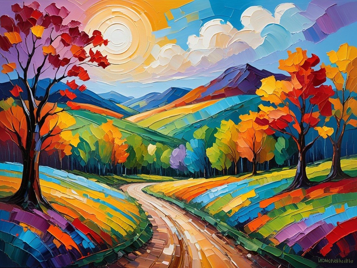 Impasto Painting of Autumn Landscape with Vibrant Colors