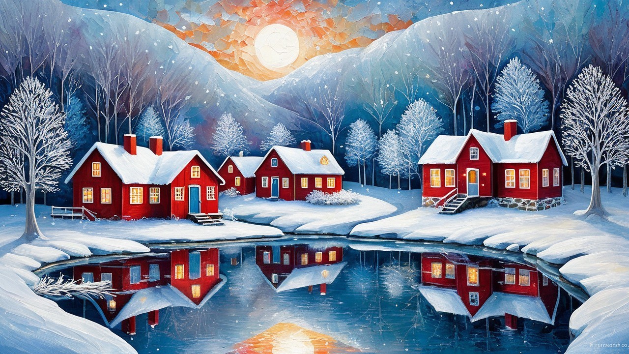 Serene Winter Landscape with Red Houses and Moonlight