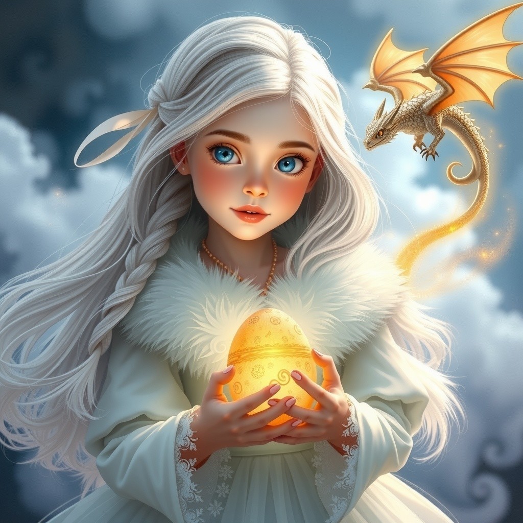 Young girl with silver hair and golden egg in sky