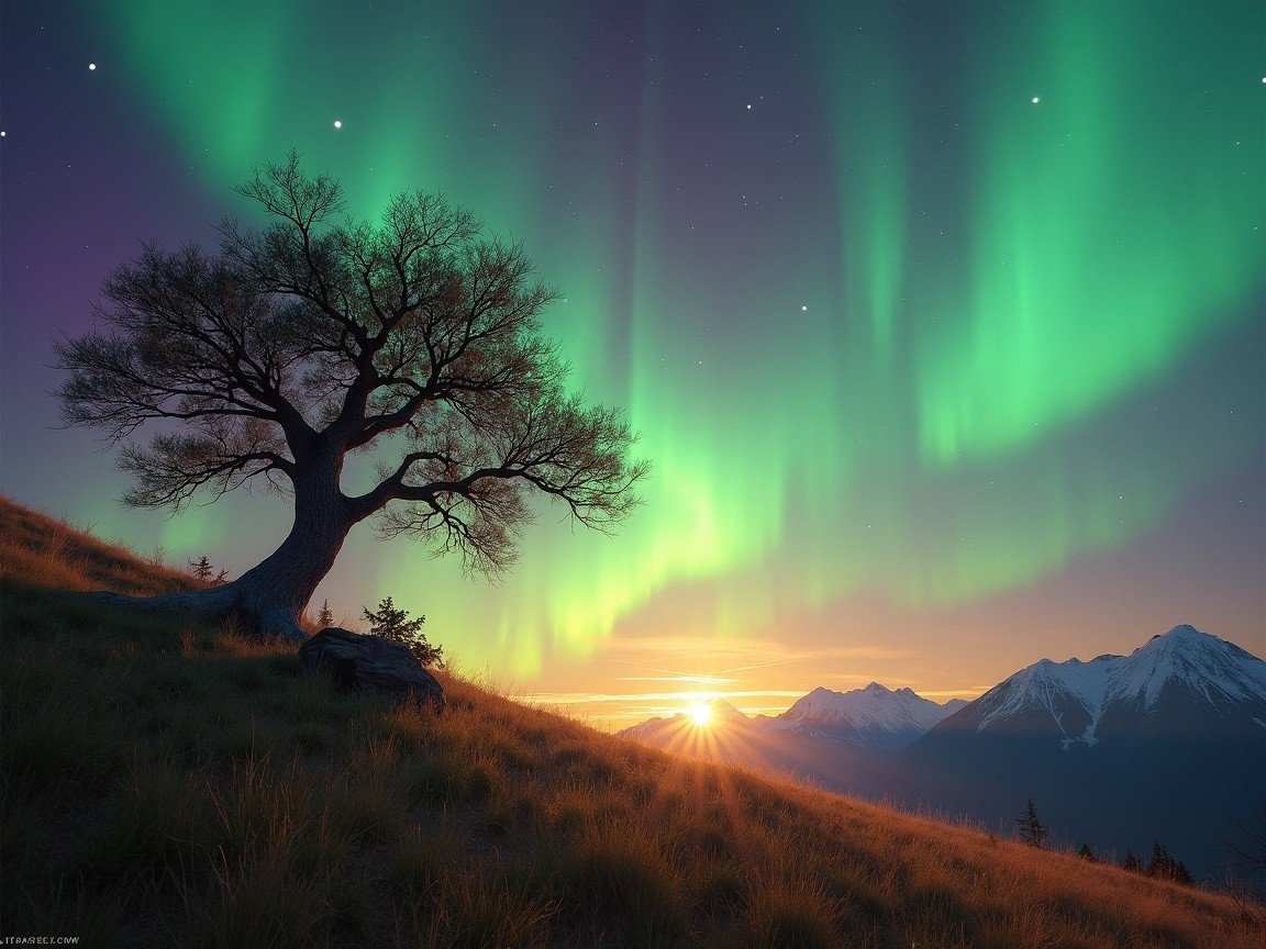 Majestic Tree and Aurora Borealis Landscape Scene
