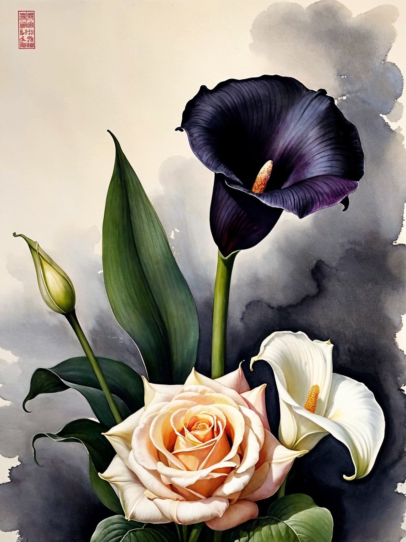 Arrangement of Purple Calla Lily and Peach Rose Flowers