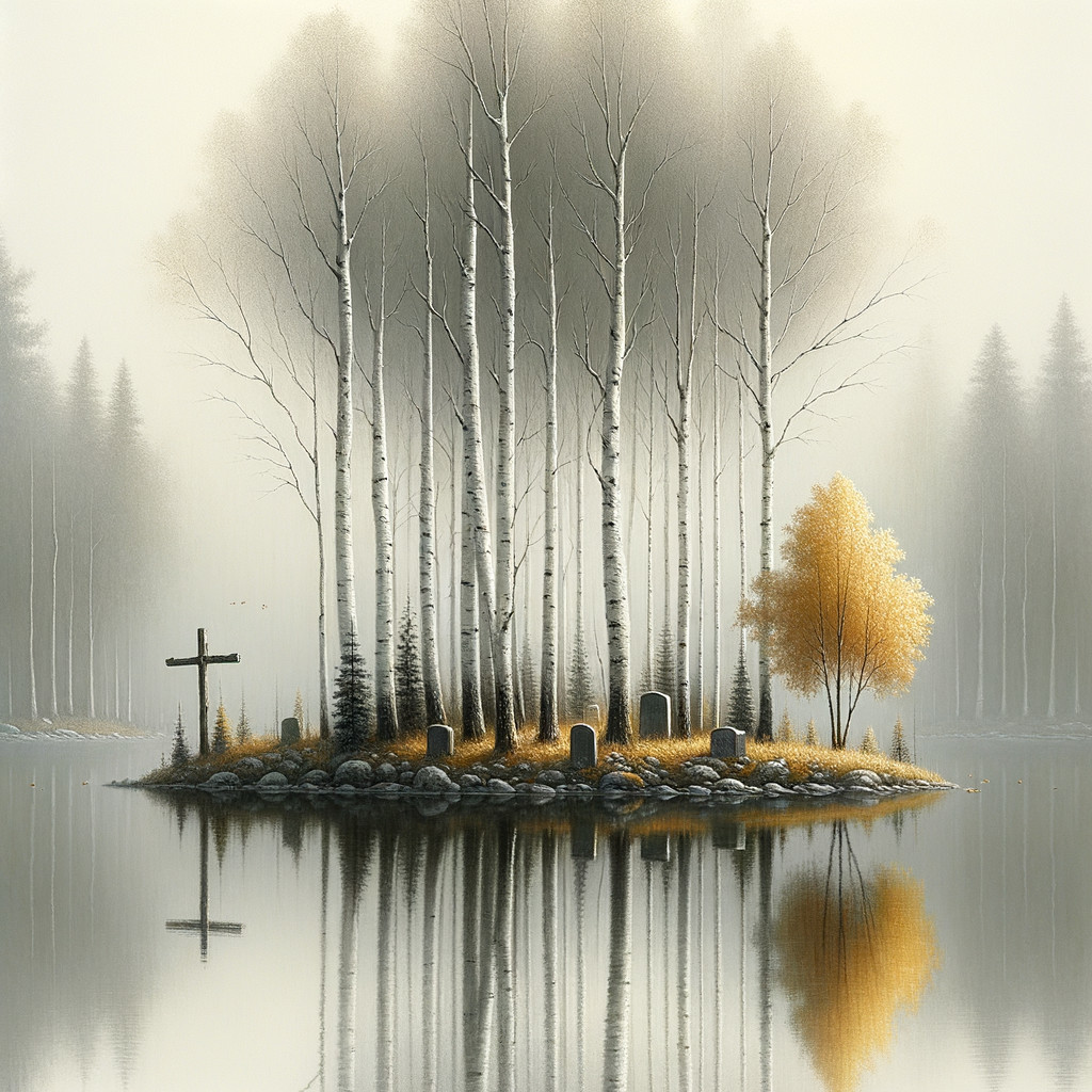 Tranquil Island Scene with Birch Trees and Fog