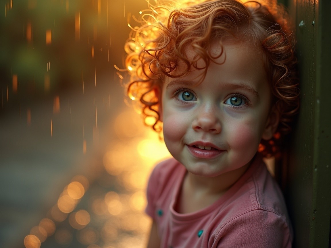 Child with curly hair in golden sunlight and raindrops