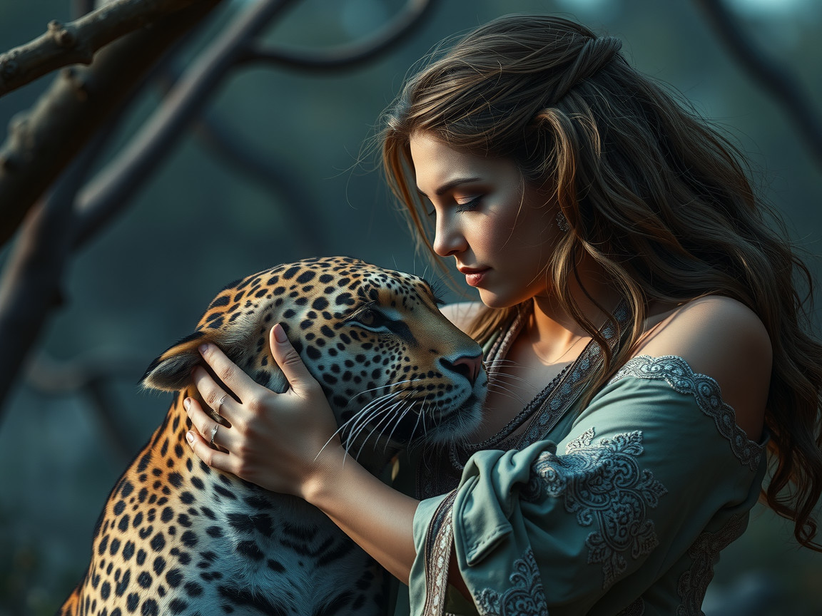 Woman Embracing Leopard in Serene Wilderness Setting