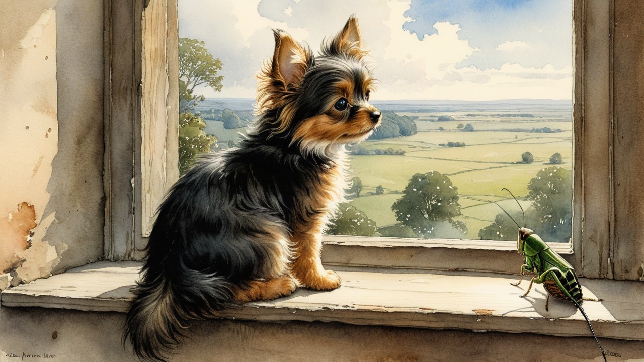 Fluffy Dog on Windowsill Overlooking Green Fields