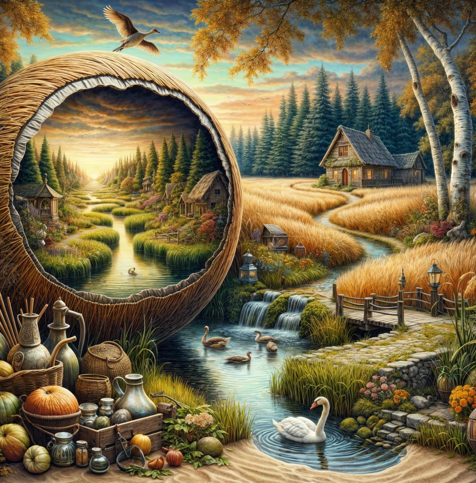 Serene Landscape with River and Rustic Cottages