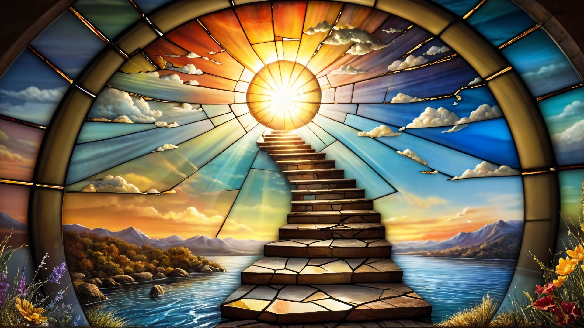 Vibrant Stained Glass Window with Grand Staircase and Sun