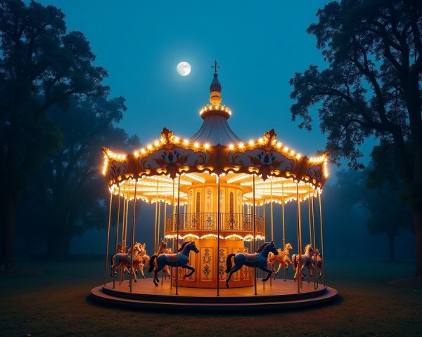Illuminated Carousel in Misty Park at Night
