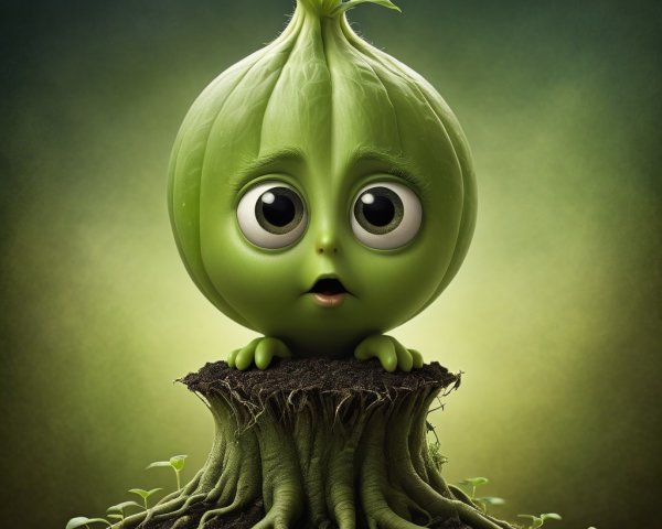 Whimsical Green Onion Character in Vibrant Soil Scene