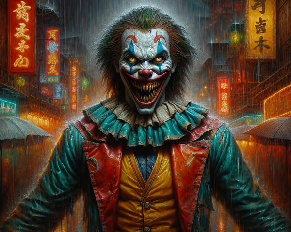 Menacing Clown in Neon-Lit Rainy Urban Scene