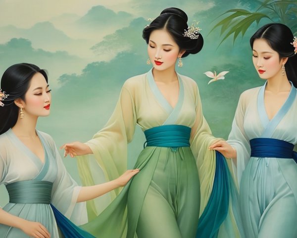 Three Women in Traditional Garments in Lush Landscape