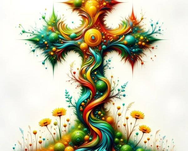 Vibrant Abstract Cross with Floral and Colorful Spirals
