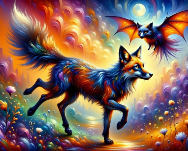 Surreal Scene with Colorful Fox and Bat in Moonlight