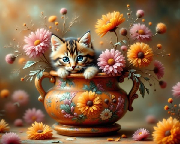 Playful Kitten in Ornate Vase with Colorful Flowers