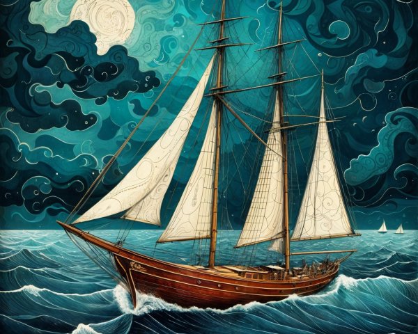 Sailing Ship in Vibrant Waves Under Mystical Night Sky