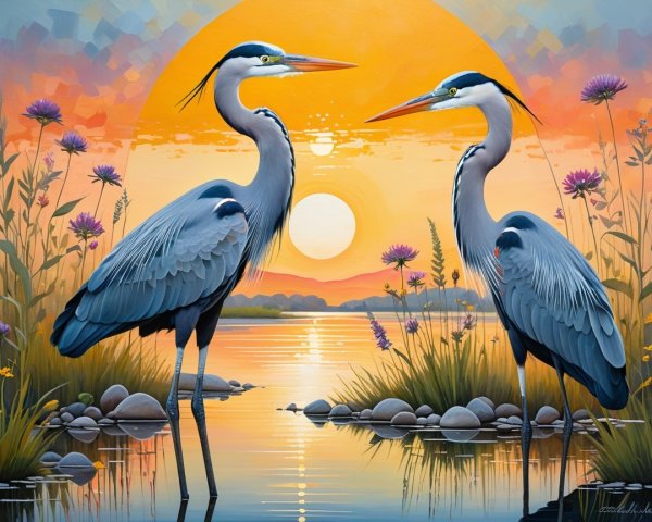 Herons by Tranquil River at Vibrant Sunset