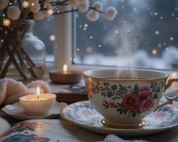 Cozy Winter Tea Scene with Decorated Cup and Blanket